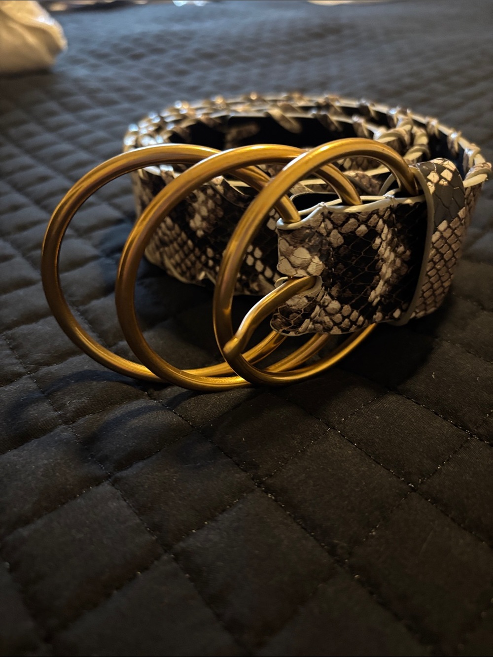 CAbi serpent beltBlack and White Snake-Print Triple Ring Belt with Gold Hardware